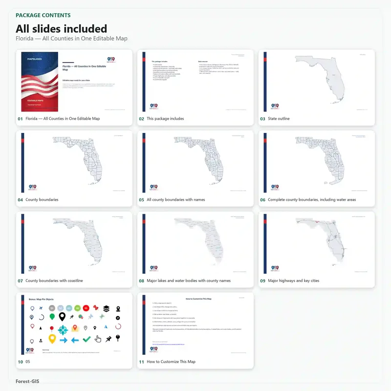 Florida — All Counties in One Editable Map editable map example