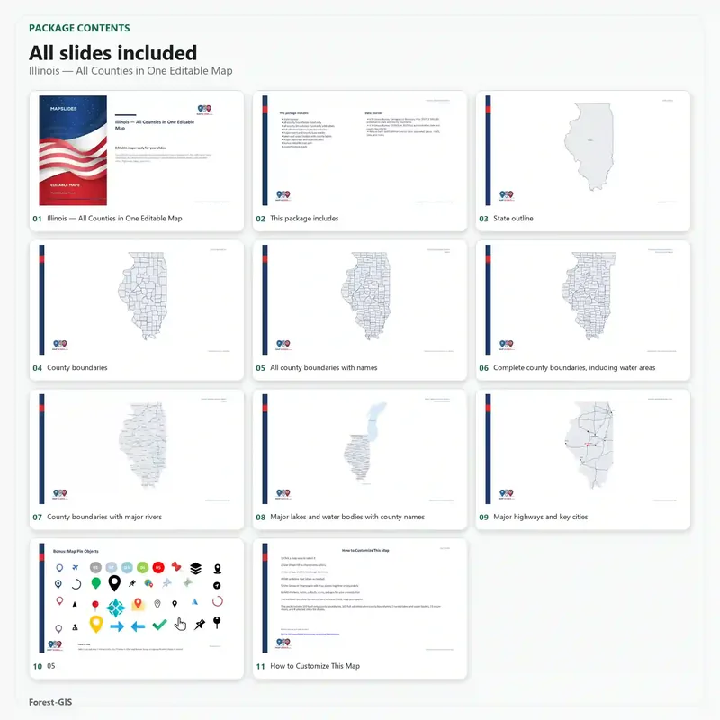 Illinois — All Counties in One Editable Map editable map example